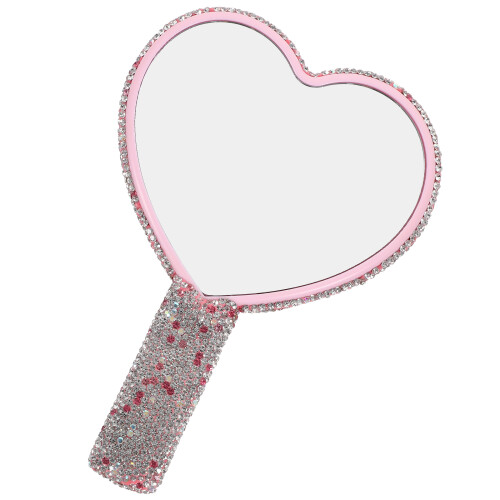 2Pcs Compact Pink Heart Hand Mirror ABS Rhinestone Handbag Mirror 1