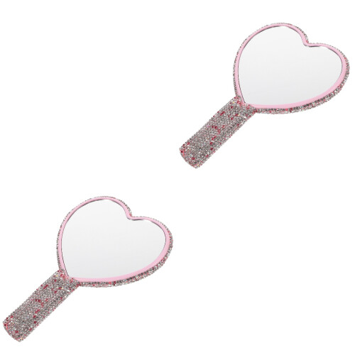 2Pcs Compact Pink Heart Hand Mirror ABS Rhinestone Handbag Mirror 2