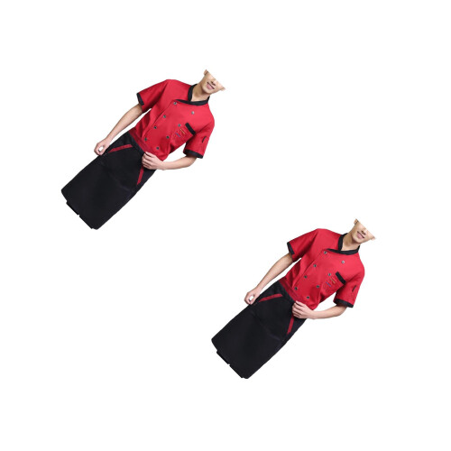 2Pcs Practical Short Sleeve Chef Shirt Dark Red Catering Apparel
