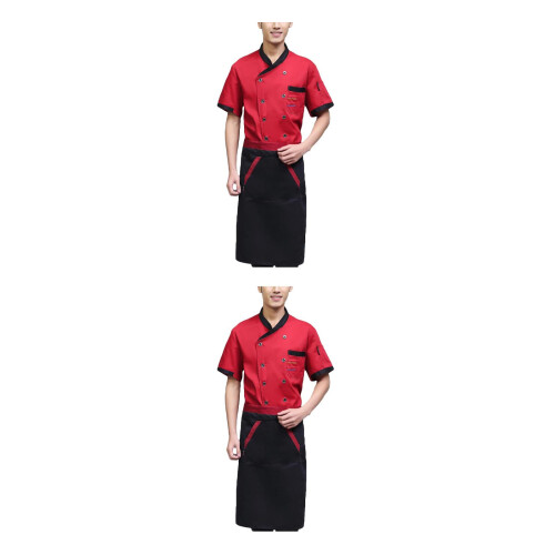 2Pcs Practical Short Sleeve Chef Shirt Dark Red Catering Apparel 1