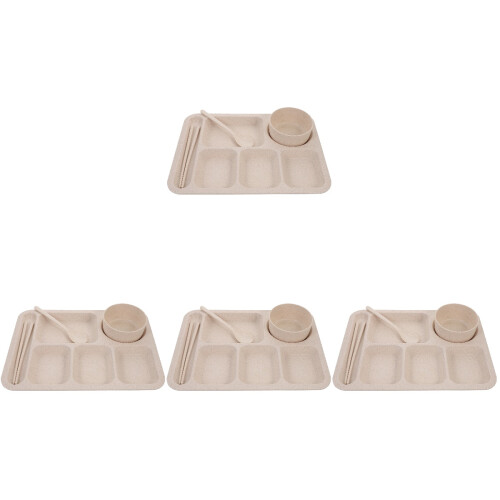 4Sets Beige Creative Straw Divided Tableware Shatterproof Plates