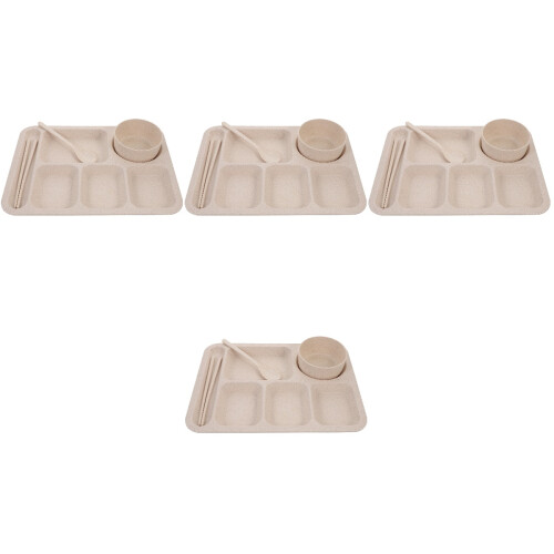 4Sets Beige Creative Straw Divided Tableware Shatterproof Plates 2