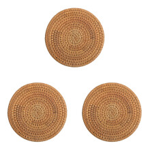 3pcs Cup Mat Coaster Round Pad Wooden Cup Holder Rattan
