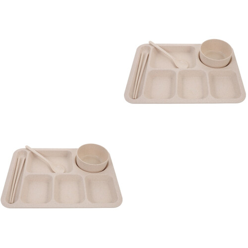 2Sets Creative Straw Section Plates Toddler Meal Tray Beige