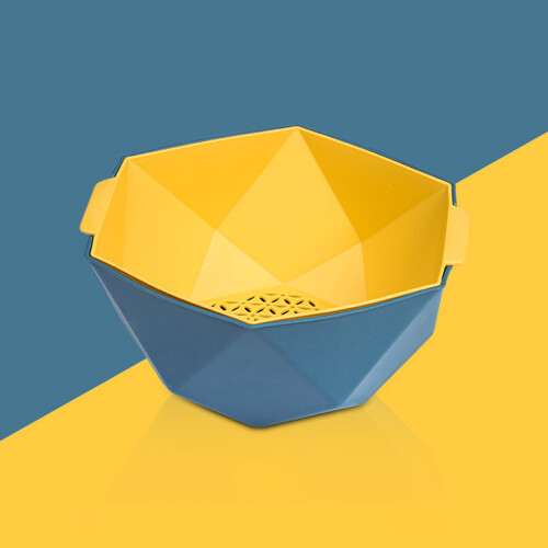 (Yellow and blue contrast, L) Hexagonal Double-Layer Colander for Broccoli & Grapes 2