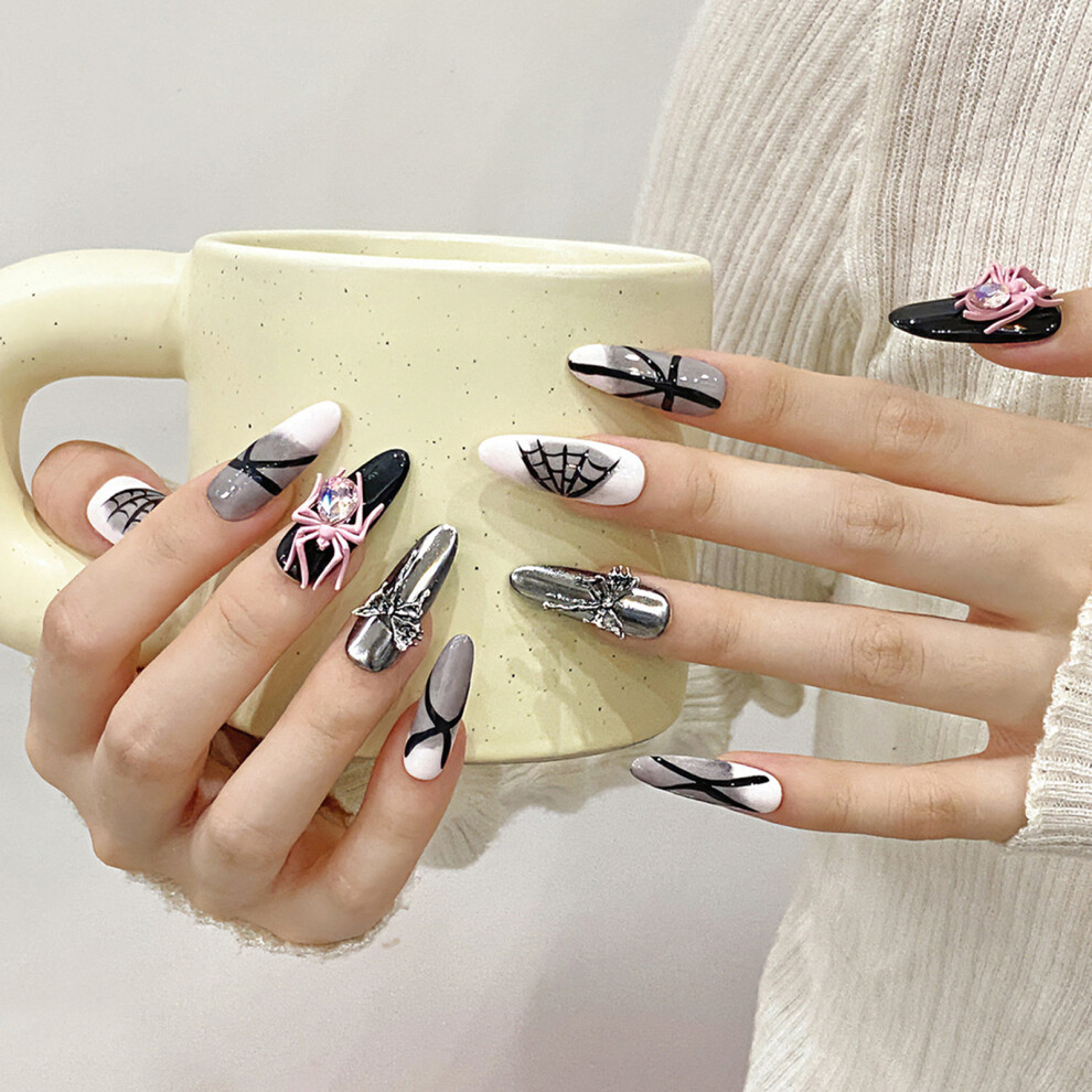 Zhouq-Outdoors (Xs) Pink Spider Almond Fake Nails - Reusable