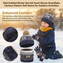 (Navy Blue) Kids Winter Hat Scarf Gloves Set - Soft Warm Snowflake