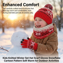 (red) Kids Winter Hat Scarf Gloves Set - Soft Warm Snowflake