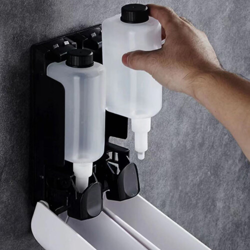 (White, Double Head) Wall-Mounted 2-Chamber Soap Dispenser for Bathroom & Kitchen