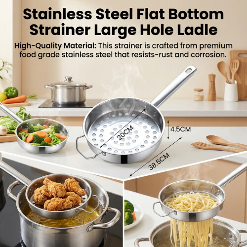(Ladle with Hook) Stainless Steel Flat Bottom Strainer Ladle