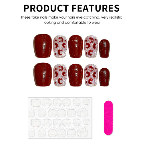 (S) Flash Cat Eye Wine Red Fake Nails - Easy Apply 2