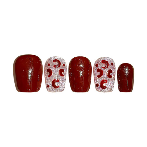 (M) Flash Cat Eye Wine Red Fake Nails - Easy Apply
