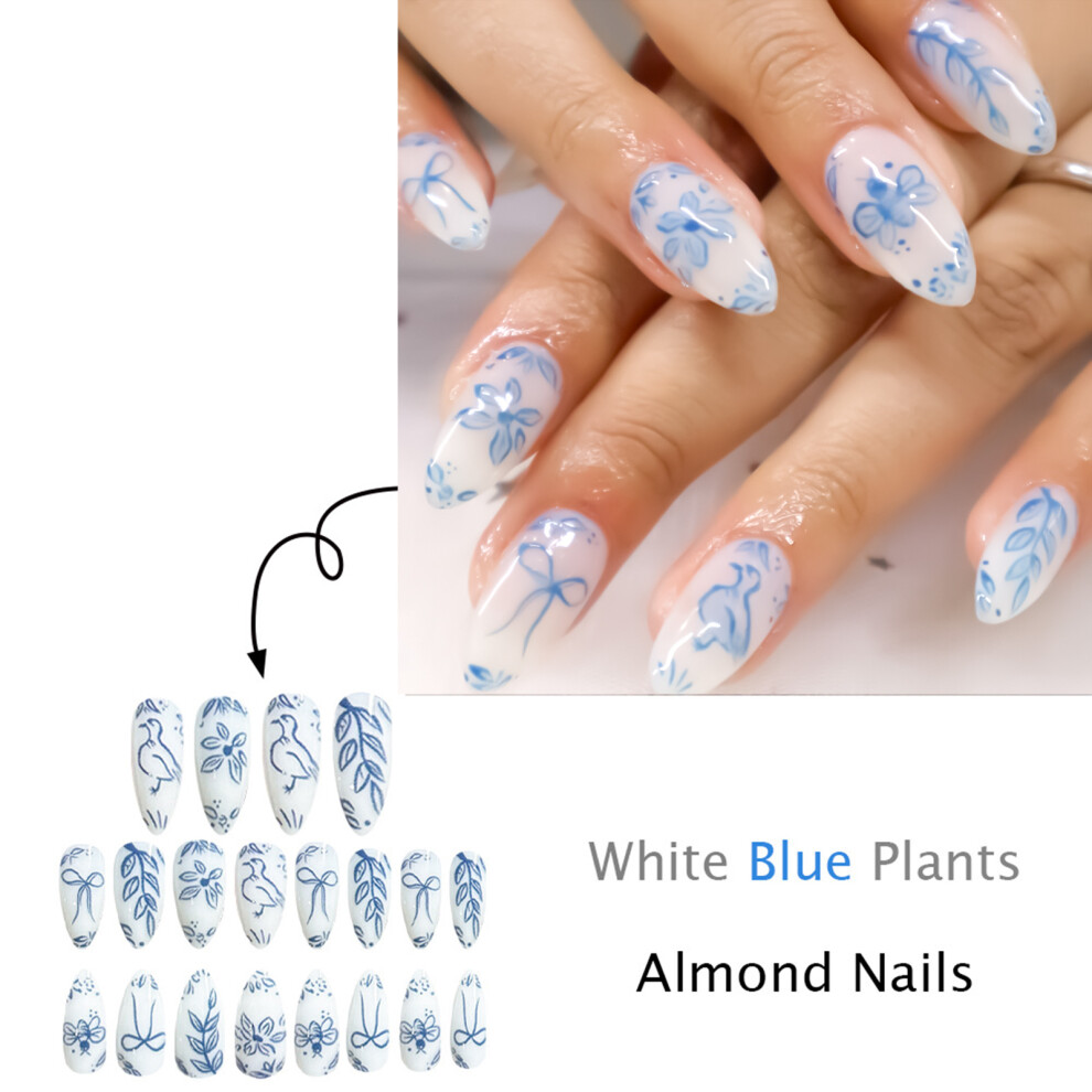 Dachuang Beauty Blue,White Blue Pattern White Almond Fake Nails
