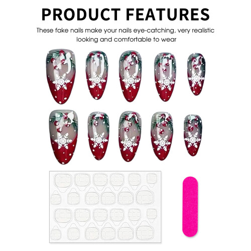 (M) Red Gradient Snowflake Almond Nails, 10 Pcs 1
