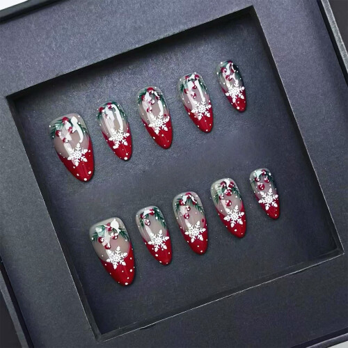 (M) Red Gradient Snowflake Almond Nails, 10 Pcs 2