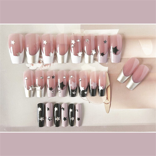 (Standard) Star Pink Black Long Square False Nails 1