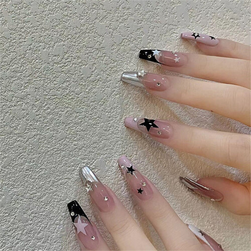 (Standard) Star Pink Black Long Square False Nails 2