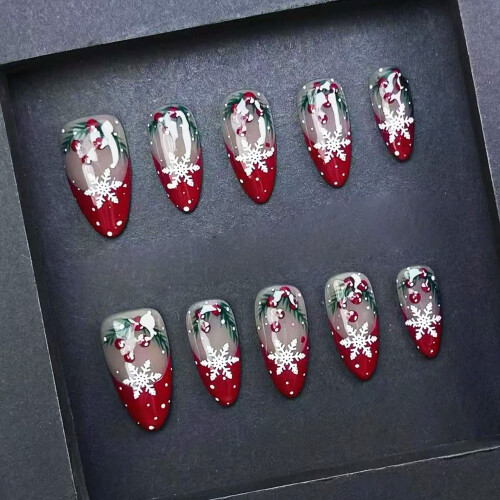 (M) Red Gradient Snowflake Almond Nails, 10 Pcs