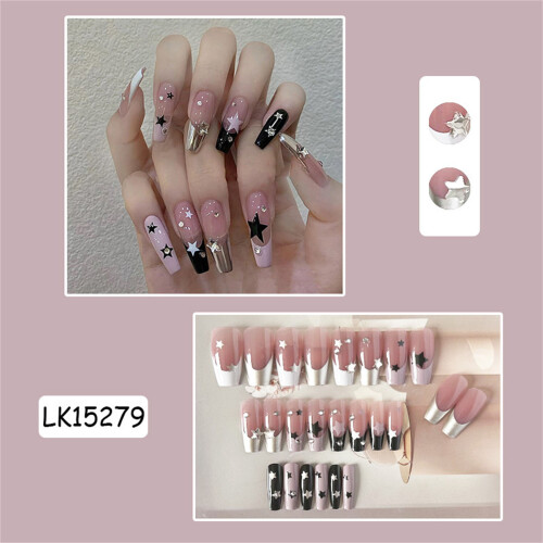 (Standard) Star Pink Black Long Square False Nails