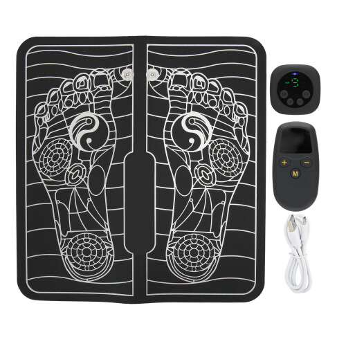 Adjustable Intensity Foot Massager Pad with EMS Pulse Therapy, Portable Design for Home Office Use, Includes Remote Control and Auto Timer Function