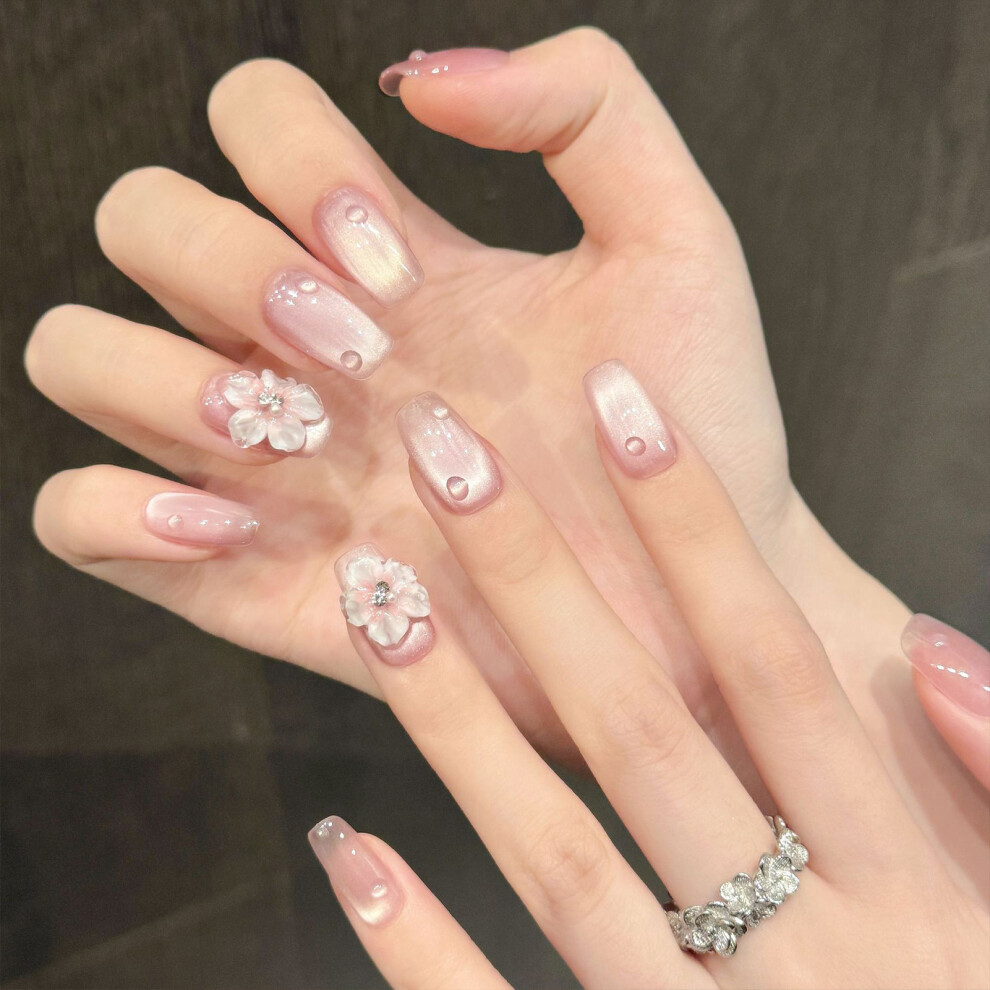 Bright-Home (L) 10Pcs Gentle Pink Cat Eyes Press On Nails With Zero Pressure On The Nail Bed Design For Girlfriend Wife Women And Girl