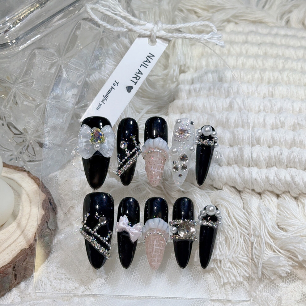 Hue-Grain (Xs) 10Pcs Black Pearl Bowknot False Nails