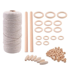 Macrame Cord Natural Cotton Rope 3mm with Wood Ring Wood Stick for DIY Teether Macrame Kit Wall Hanging Plant Hanger