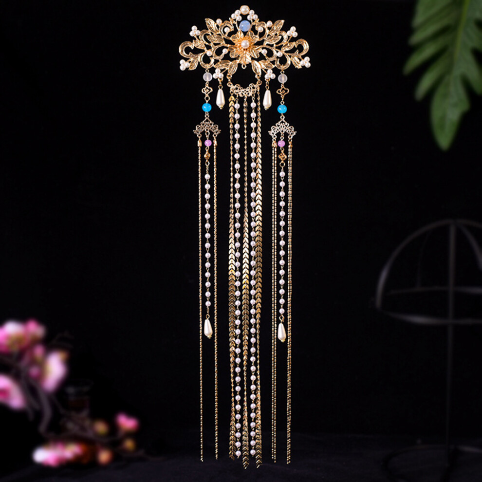 Bright-Home Hanfu Hair Accessories Back Clip With Long Tassel Vintage Retro Hair Fork Accessory Step Shake With Double-Layer Beade