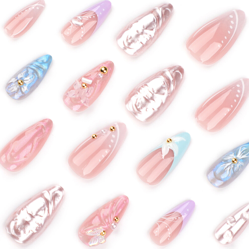 Phui-Pet-Supplies Glitter French Almond Press-On Nails For Women