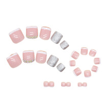 (Jelly Glue Model) Gel French False Toes Nails with Diamonds DIY Kit