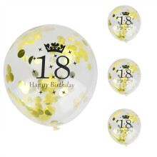 Feestartikelen voor je 18e verjaardag: latex ballonnen, feestdecoraties met confetti, transparante kroonballonnen, wit en goud, herbruikbaar.