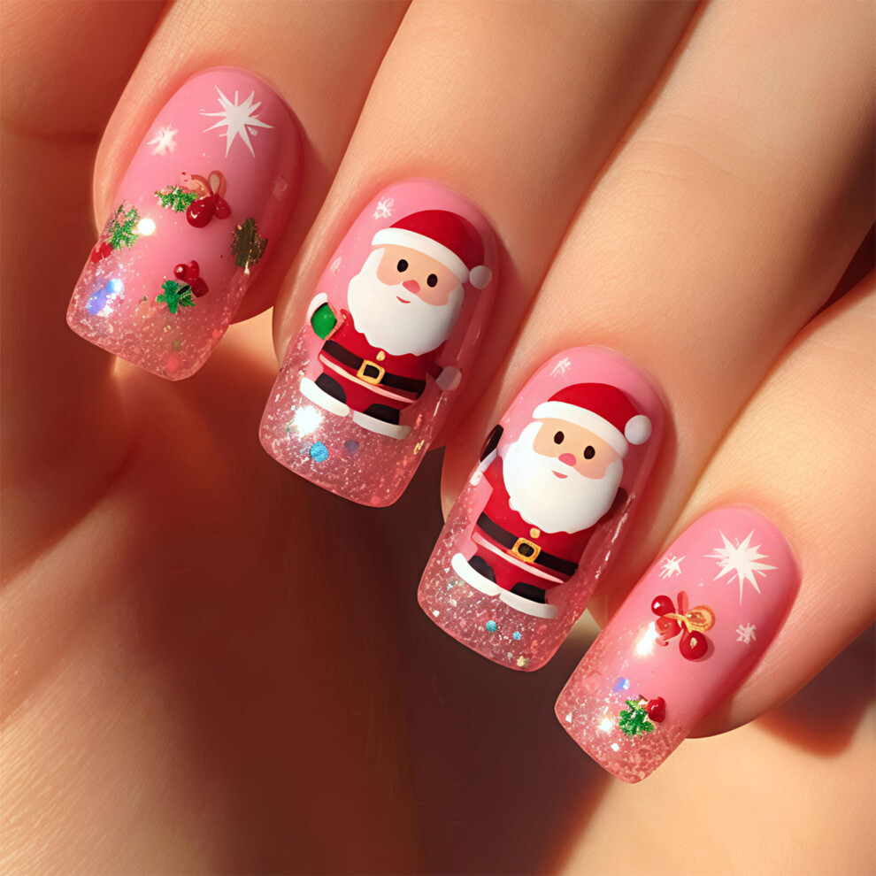 Roc-Electron 3D Santa Press-On Nails, 24Pcs Christmas Party Nails