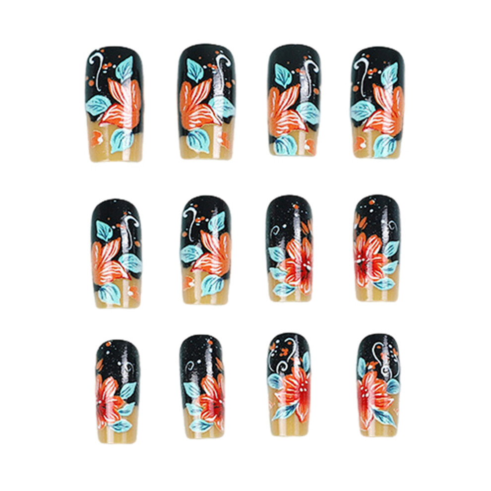 Roc-Electron Floral Black Nude False Nails - Square Tips
