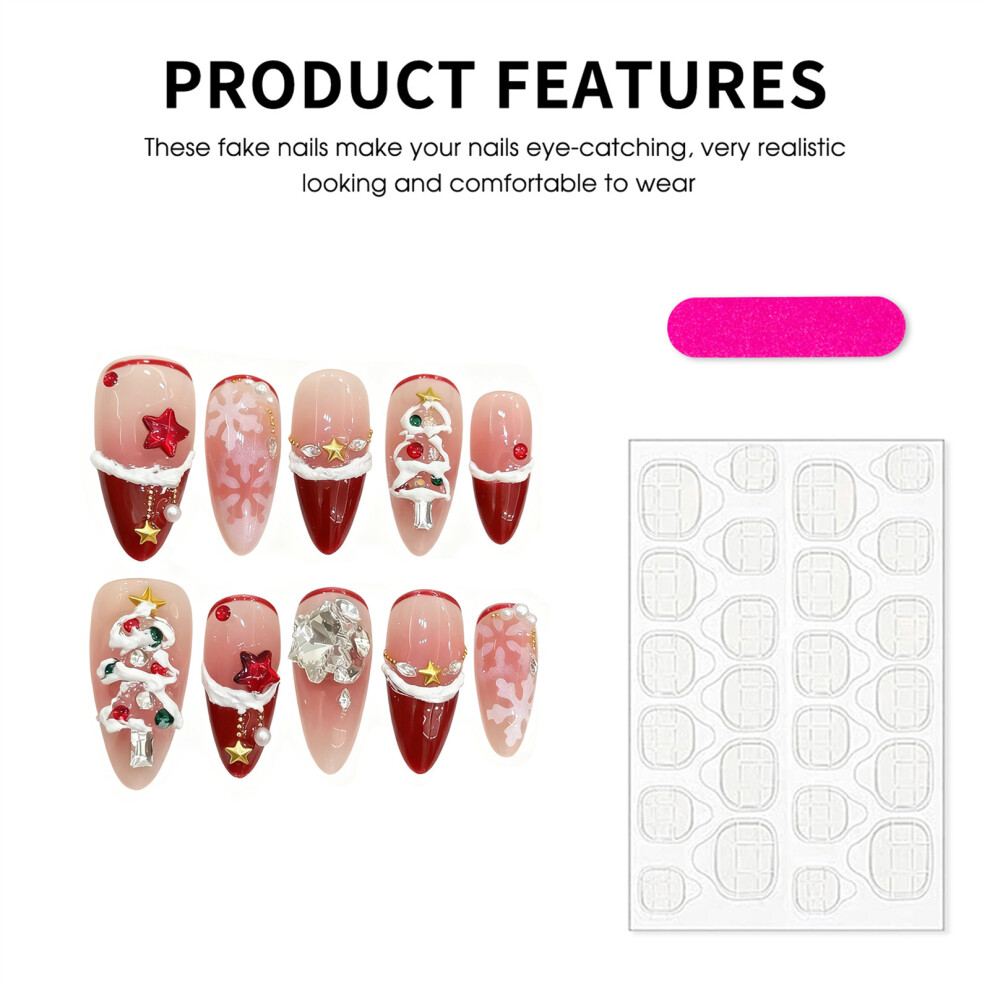 Dachuang Beauty Red (3090 Almond, M) 10Pcs Christmas Press On Nails Velvet Snowflake Design