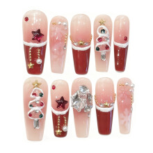 (524 Long Ladder, M) 10pcs Christmas Press On Nails Red Velvet Snowflake Design