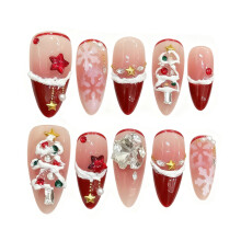 (3090 Almond, XS) 10 Ongles Faux Noël Velours Rouge Flocons