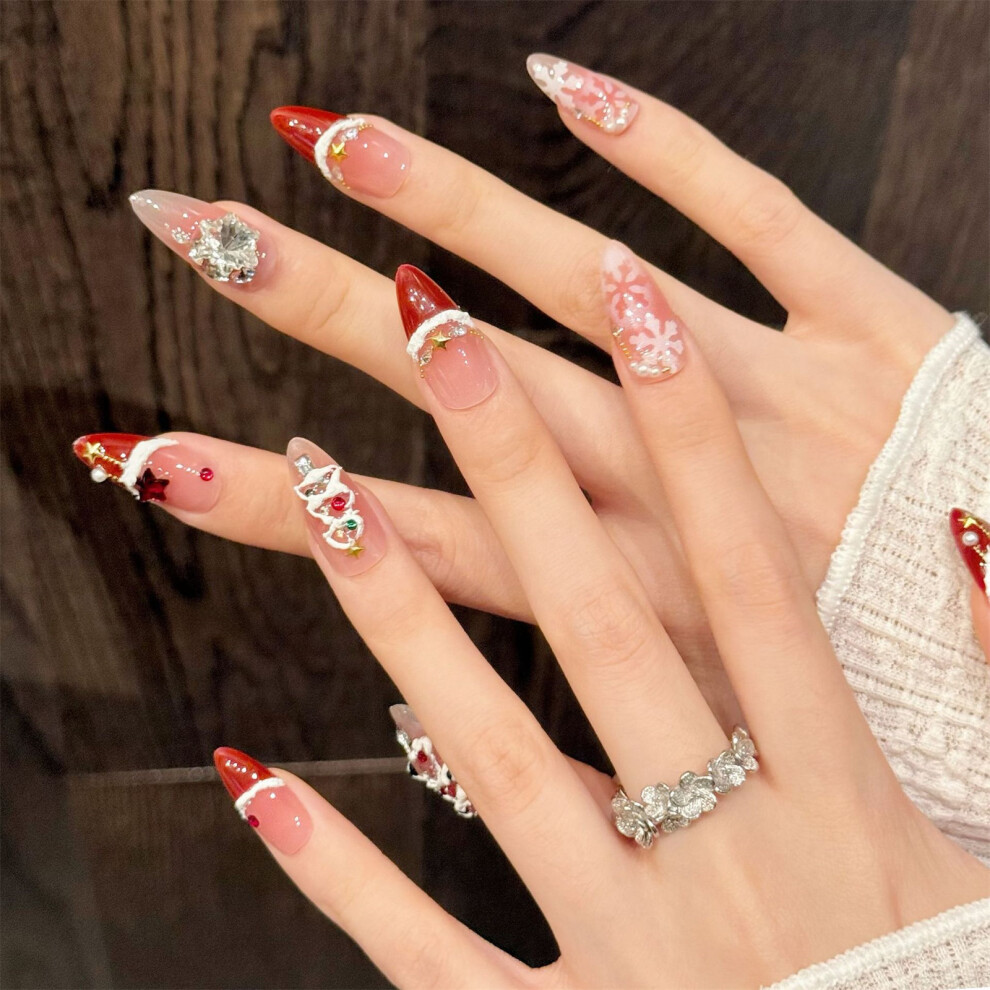 Dachuang Beauty Red (3090 Almond, L) 10Pcs Christmas Press On Nails Velvet Snowflake Design