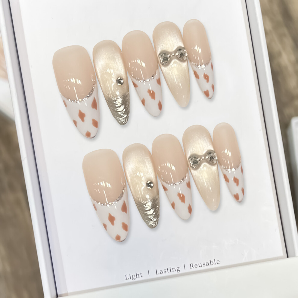Dachuang Beauty (Apricot Kernels) Cat Eyes Fake Nails With French Tip Reusable Long Lasting Press On Nails For Manicure Lovers And Beauty Bloggers