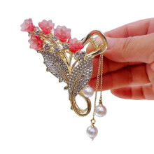(Glittering red lily of the valley) Vintage Lily Hair Clip with Tassel - Baroque Style