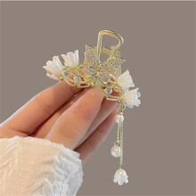 (Rhinestone Butterfly Lily of the Valley Flower) Vintage Lily Hair Clip with Tassel - Baroque Style