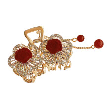 (Rhinestone rose double flowers) Vintage Lily Hair Clip with Tassel - Baroque Style