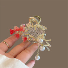 (Golden full-leaves red lotus flower) Vintage Lily Hair Clip with Tassel - Baroque Style
