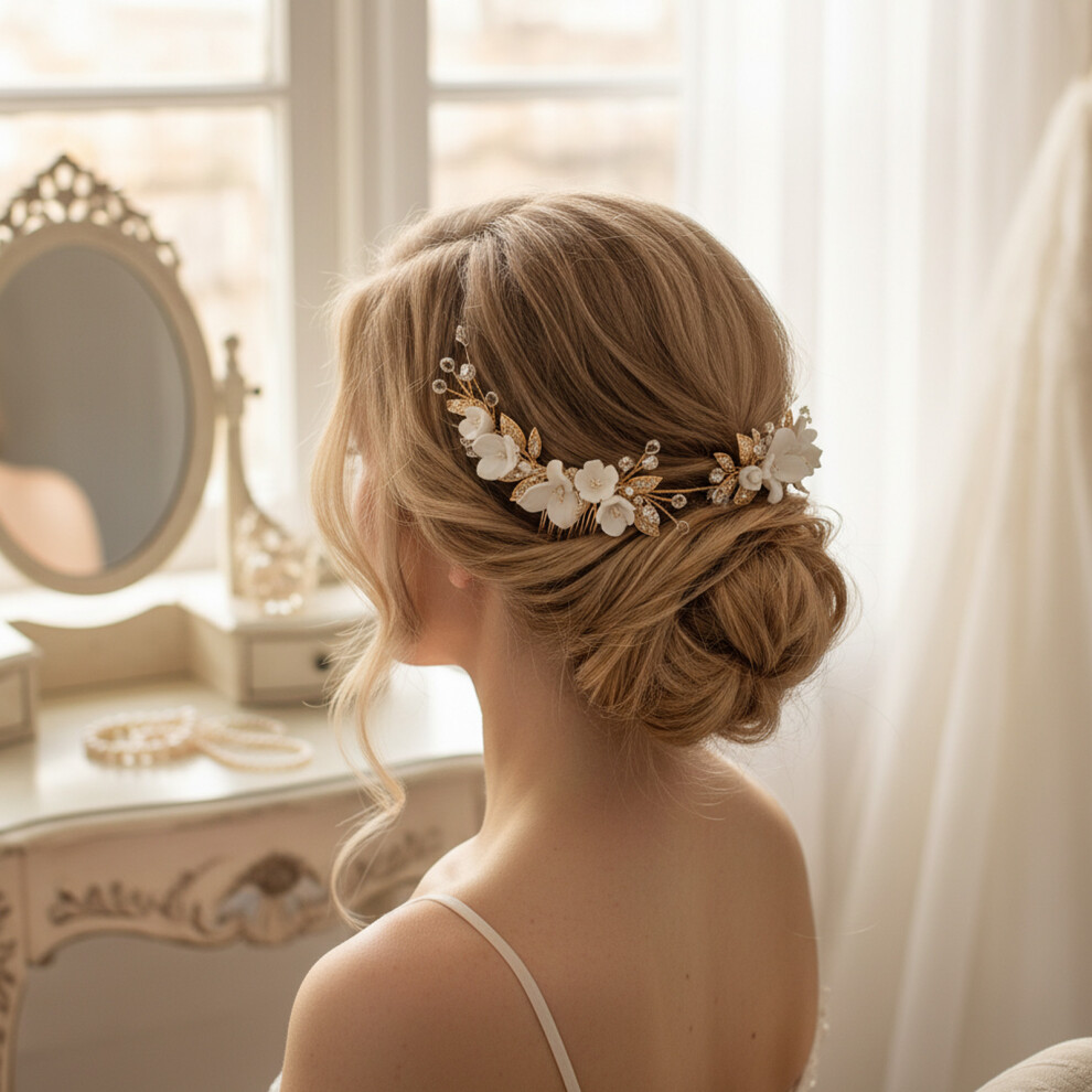 Hue-Grain Gold Crystal Wedding Hair Comb