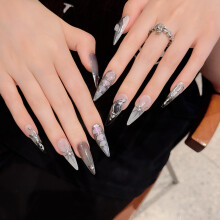 (XS) Silver Print Handmade Fake Nails - Long Lasting Stage Wear