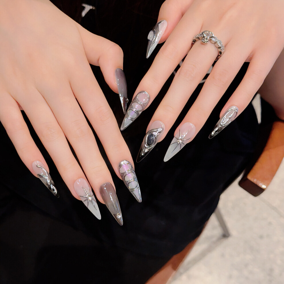 Dachuang Beauty Silver (Xs) Print Handmade Fake Nails - Long Lasting Stage Wear
