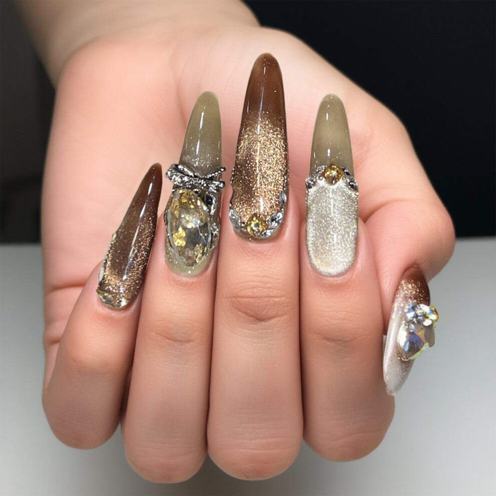 Dachuang Beauty (L) 10Pcs Bronze Cat-Eye Press On Nails With Rhinestones