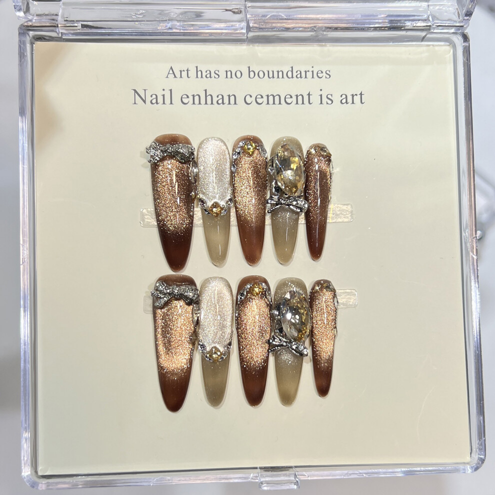 Dcph-Clothing (Xs) 10Pcs Bronze Cat-Eye Press On Nails With Rhinestones