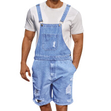 (XL, Sky Blue) Men Overalls Shorts, Sleeveless Ripped Solid Loose Summer Jumpsuit Denim Shorts for Casual Daily