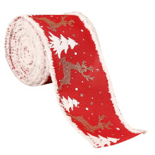 2.5Inch Holiday Ribbon with Golden Elk Print, Christmas Decorative Ribbon with Wire Frame for Gift Wrapping and Wreath Making
