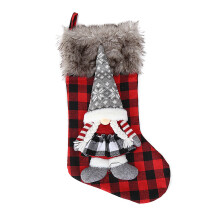 Festive Gnome Christmas Stocking Tall Hat Plaid Fabric Buffalo Check Design Faux Fur Cuff Holiday Decor Multi-Use Gift Carrier Fireplace Mantel
